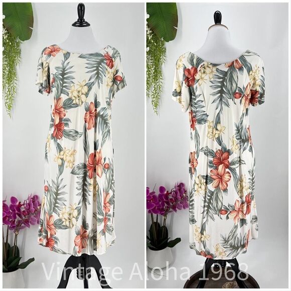 Iolani Hibiscus Orchid White/Green/Yellow Muumuu /Tiki Dress Large - Picture 2 of 6